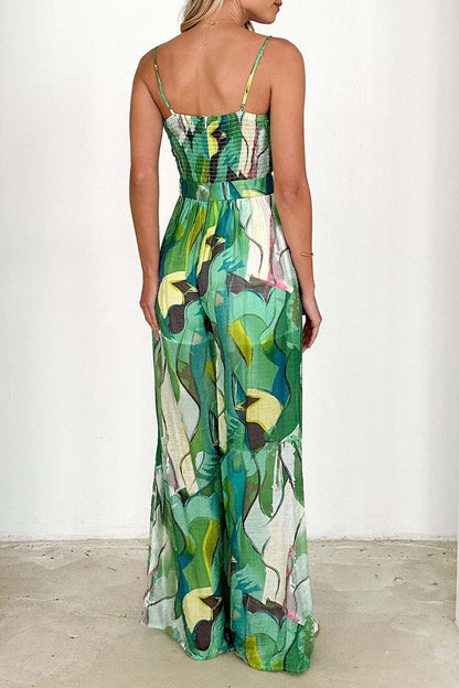 Lässiger, lockerer Jumpsuit mit Blumendruck, Taschen und Kontrast