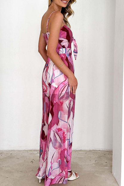 Lässiger, lockerer Jumpsuit mit Blumendruck, Taschen und Kontrast