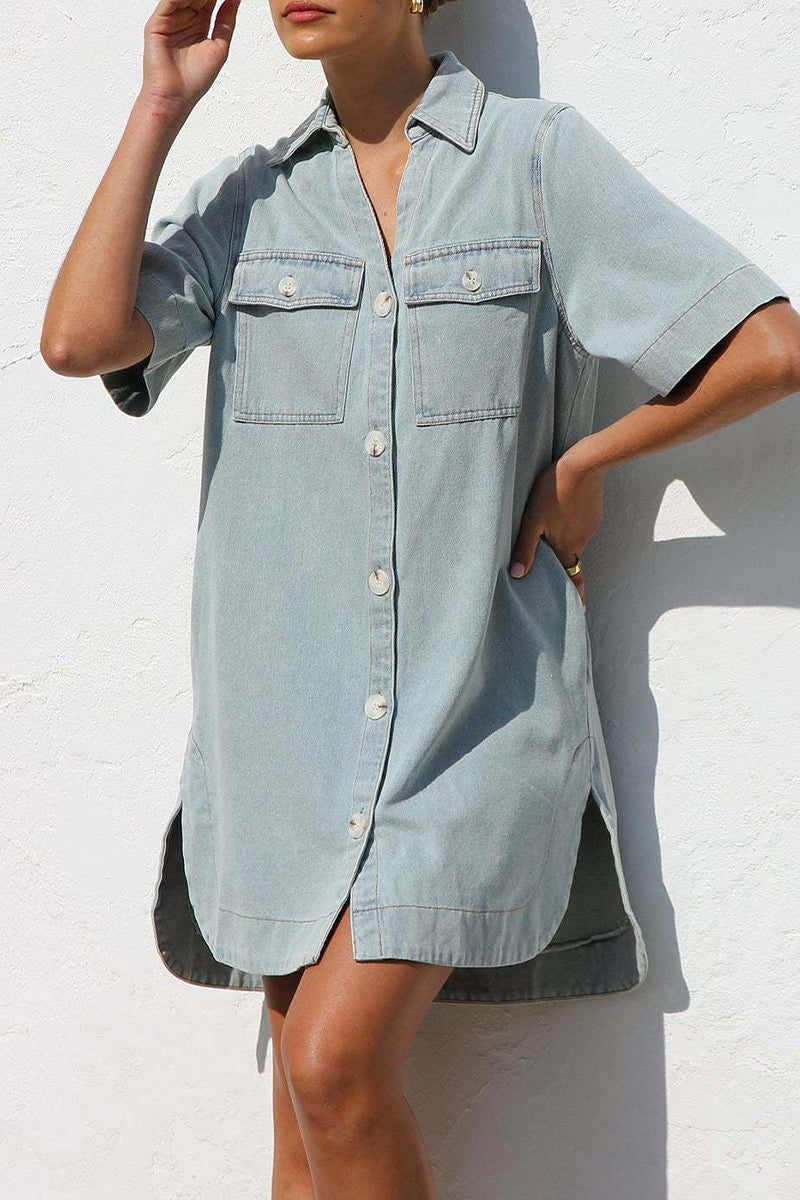 Casual Solid Color Distressed Buttons Turndown Collar Short Sleeve Loose Denim Dresses