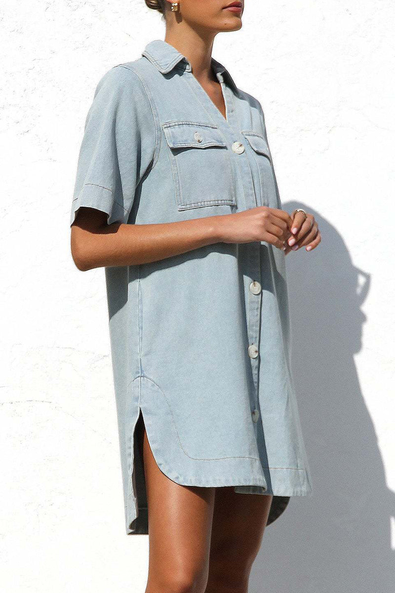 Casual Solid Color Distressed Buttons Turndown Collar Short Sleeve Loose Denim Dresses