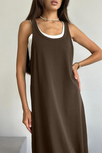 Casual Solid Color Patchwork U Neck Sleeveless Two Pieces