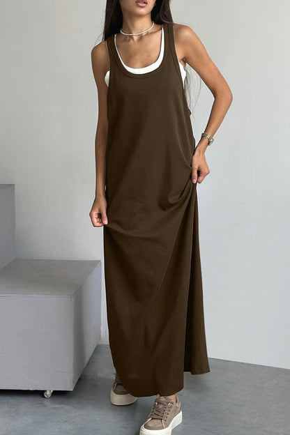 Casual Solid Color Patchwork U Neck Sleeveless Two Pieces