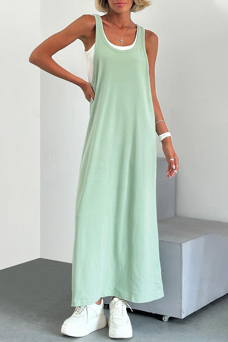 Casual Solid Color Patchwork U Neck Sleeveless Two Pieces