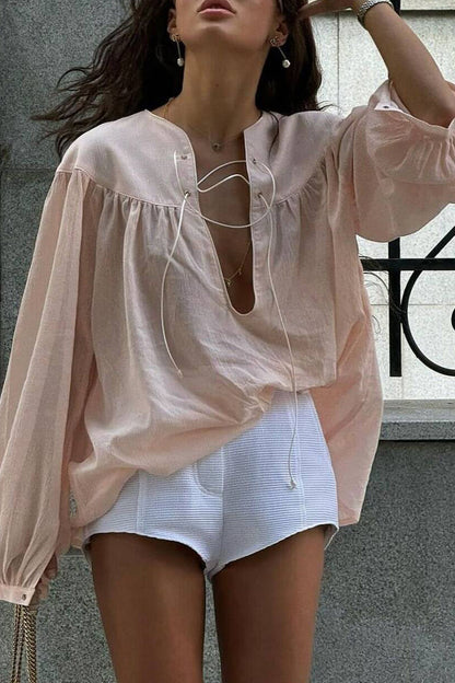 Casual Solid Color Lace Up O Neck Tops