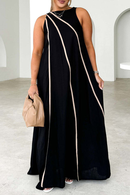 Lässige ärmellose Kleider mit Streifen und Patchwork-Kontrast und Rundhalsausschnitt