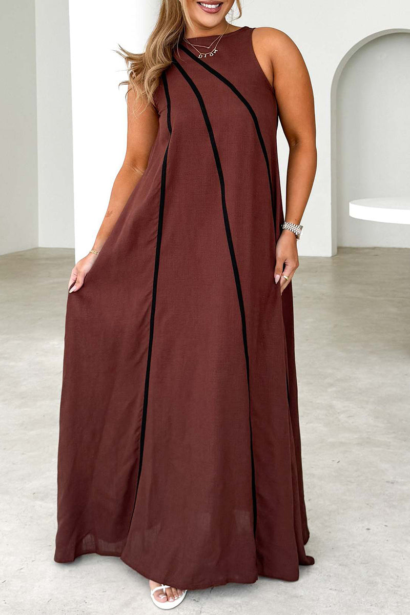 Casual Stripe Patchwork Contrast O Neck Sleeveless Dresses