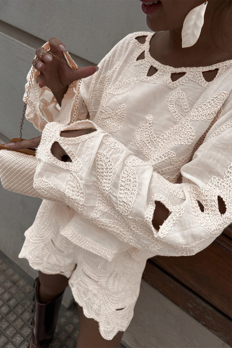 Lässiger, einfarbiger, bestickter, ausgehöhlter O-Ausschnitt, lange Ärmel, zweiteilig