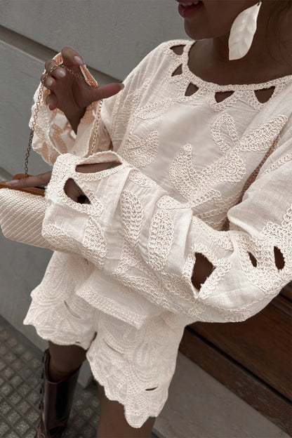 Lässiger, einfarbiger, bestickter, ausgehöhlter O-Ausschnitt, lange Ärmel, zweiteilig