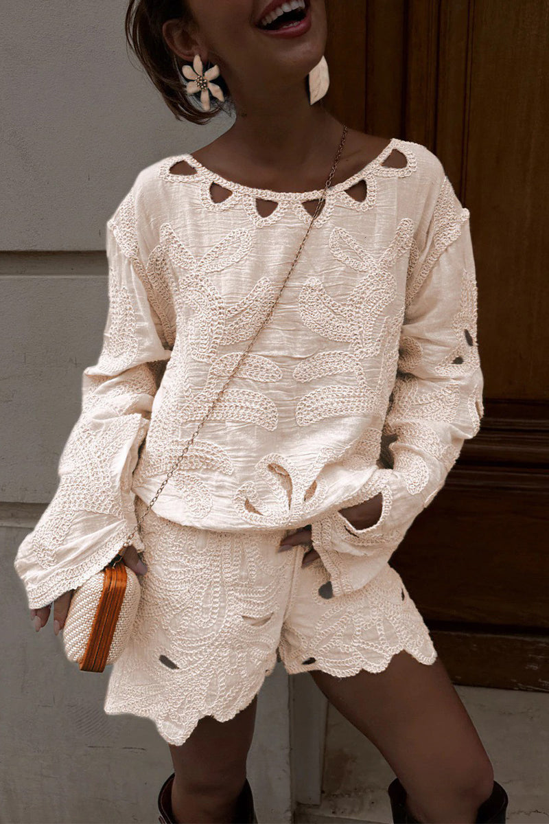 Lässiger, einfarbiger, bestickter, ausgehöhlter O-Ausschnitt, lange Ärmel, zweiteilig