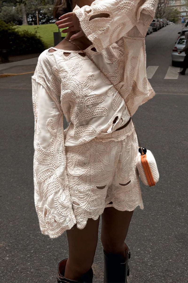 Lässiger, einfarbiger, bestickter, ausgehöhlter O-Ausschnitt, lange Ärmel, zweiteilig