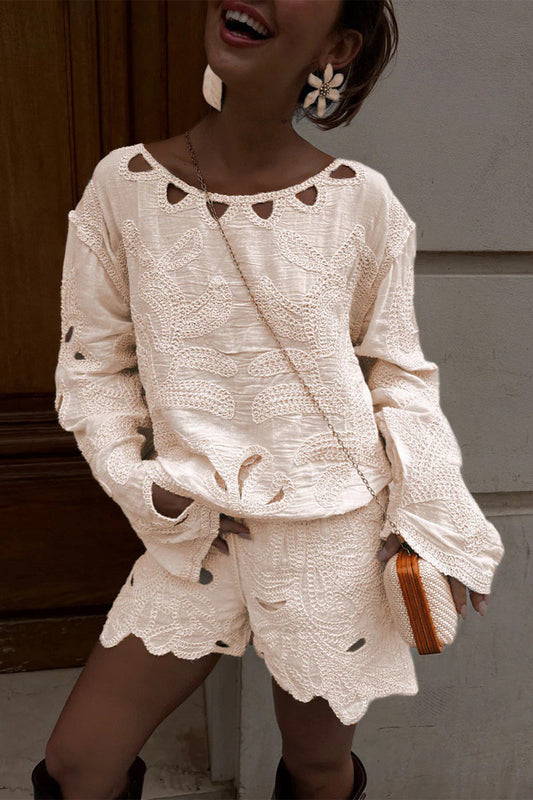 Casual Solid Color Embroidered Hollow Out O Neck Long Sleeve Two Pieces