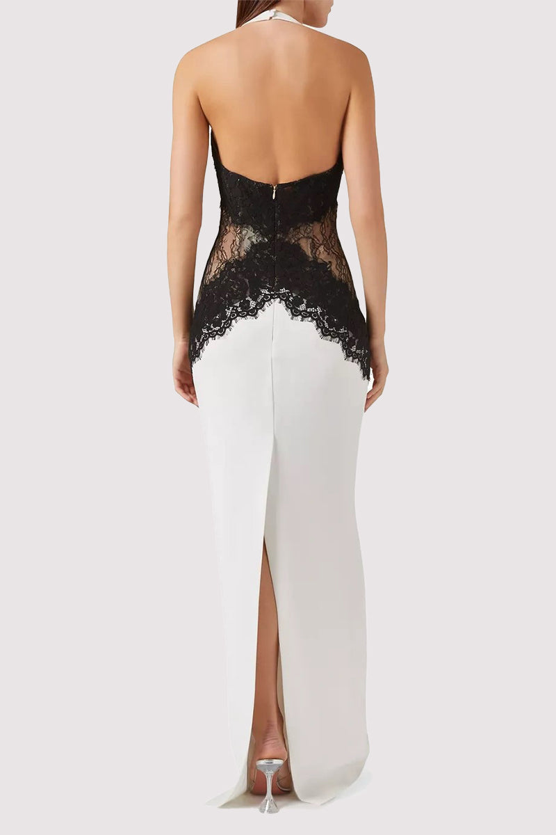 Colorblock Lace-Up Waist Sexy Cross-Neck Halter Dress