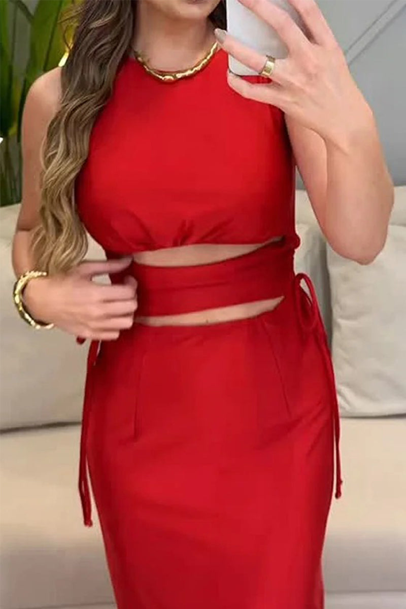 Elegant Solid Color Hollow Out Draw String O Neck One Step Skirt Dresses