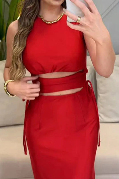 Elegant Solid Color Hollow Out Draw String O Neck One Step Skirt Dresses