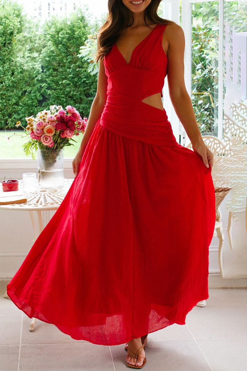 Sexy, einfarbige, ausgehöhlte, ärmellose Kleider mit V-Ausschnitt