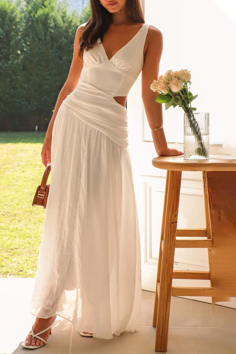 Sexy, einfarbige, ausgehöhlte, ärmellose Kleider mit V-Ausschnitt