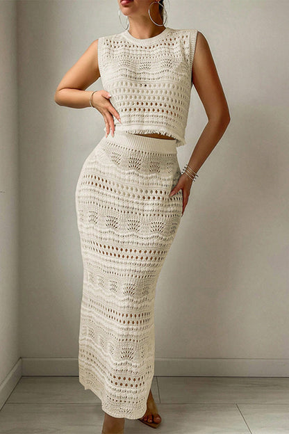 Sexy Solid Color Hollow Out O Neck Sleeveless Two Pieces