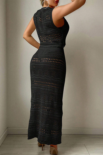 Sexy Solid Color Hollow Out O Neck Sleeveless Two Pieces