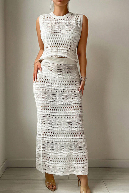 Sexy Solid Color Hollow Out O Neck Sleeveless Two Pieces