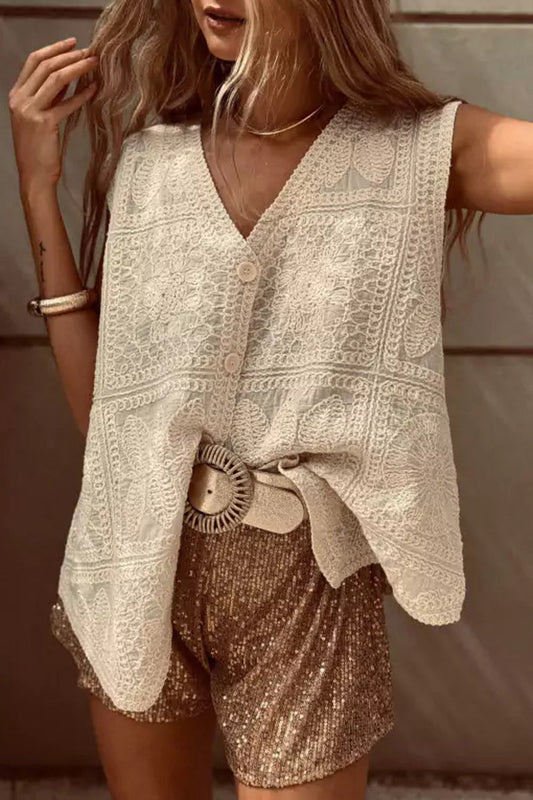 Lässige Oberteile mit V-Ausschnitt und einfarbigen Knöpfen und Stickereien