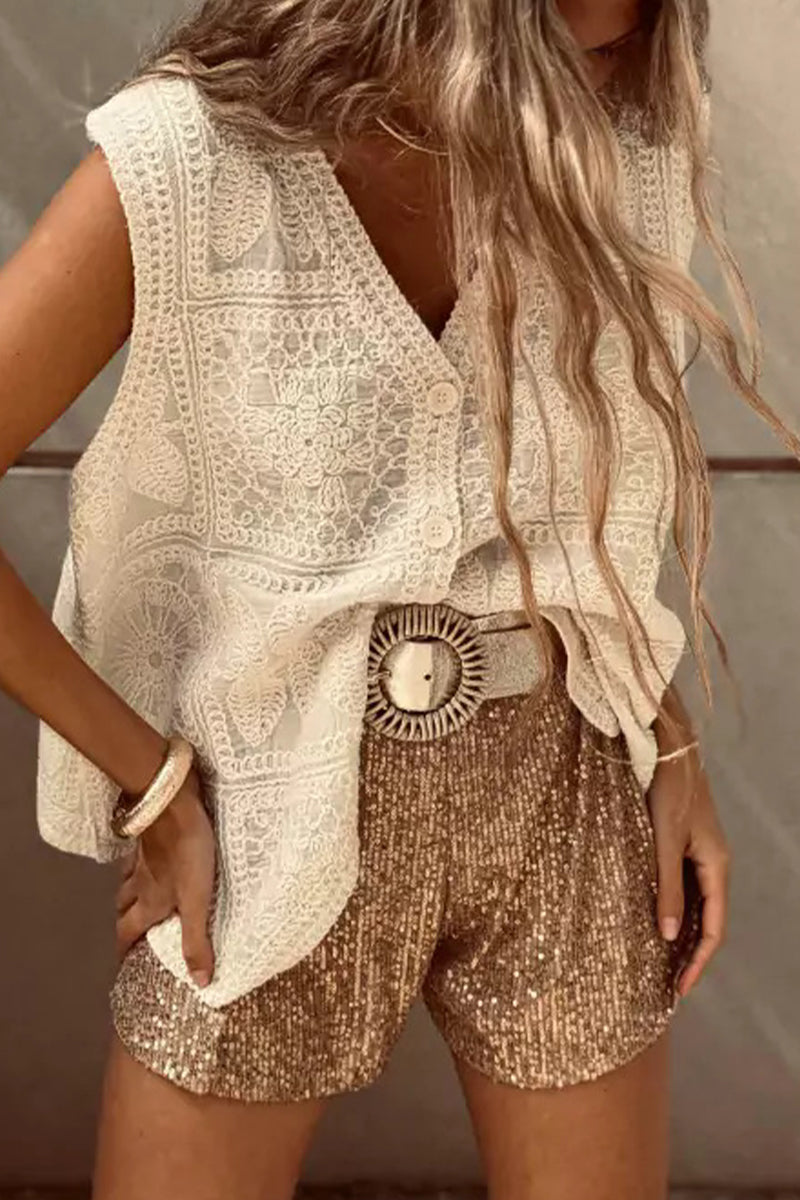 Casual Solid Color Buttons Embroidery V Neck Tops