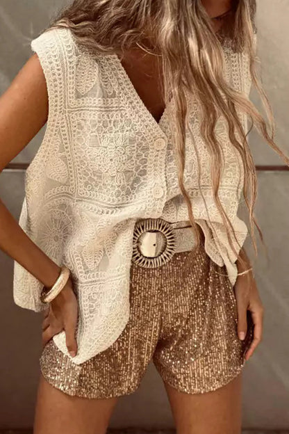 Casual Solid Color Buttons Embroidery V Neck Tops