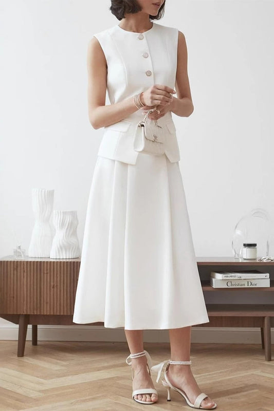 Celebrities Elegant Solid Color Buttons O Neck Sleeveless Two Pieces