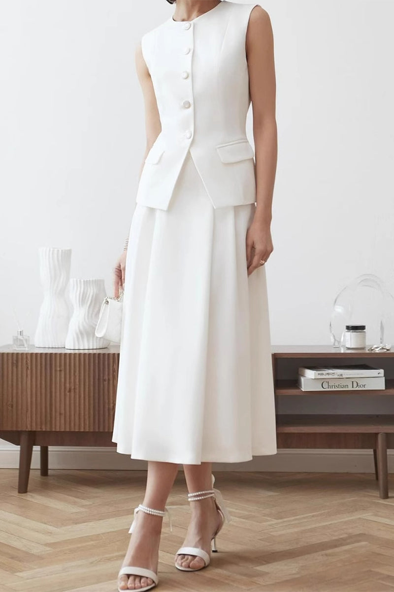 Prominente Elegante Einfarbig Knöpfe O Hals Ärmellos Zwei Stücke