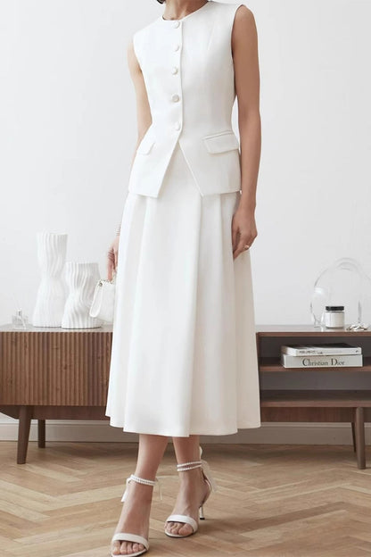 Prominente Elegante Einfarbig Knöpfe O Hals Ärmellos Zwei Stücke