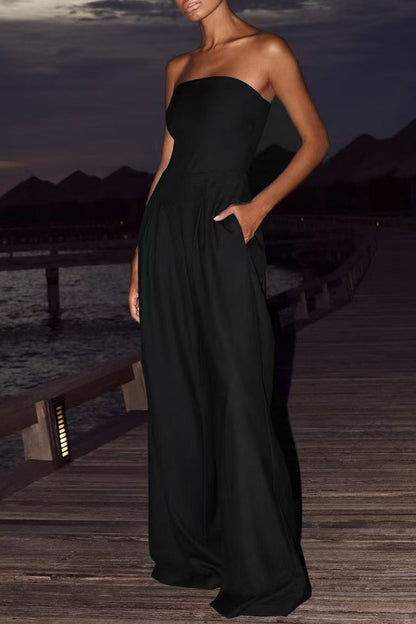 Lässiger, einfarbiger, rückenfreier, trägerloser Overall mit Patchwork-Taschen