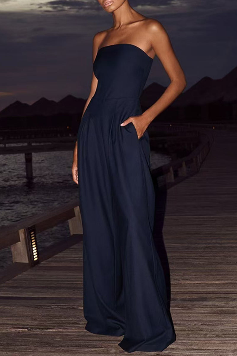 Lässiger, einfarbiger, rückenfreier, trägerloser Overall mit Patchwork-Taschen