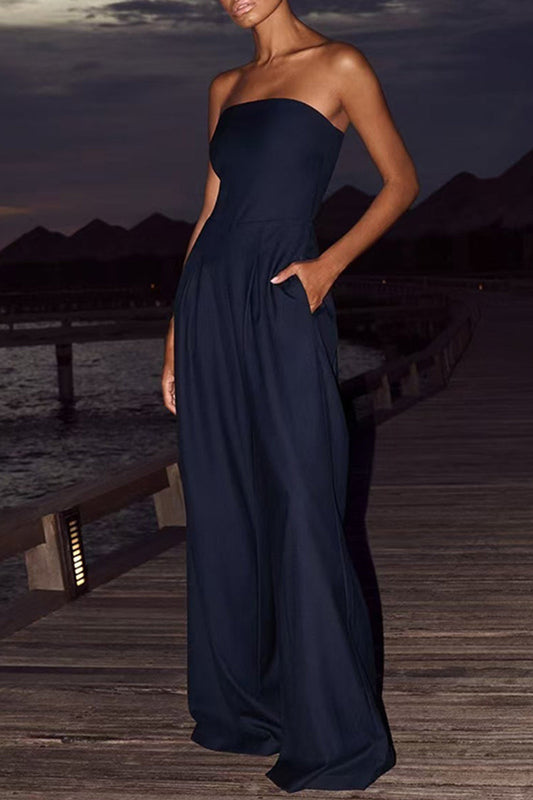 Lässiger, einfarbiger, rückenfreier, trägerloser Overall mit Patchwork-Taschen