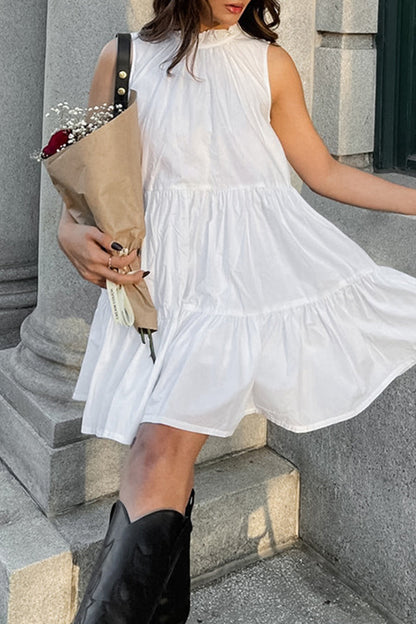 Lässige einfarbige Patchwork-Rüschen mit O-Ausschnitt und ärmellosen Kleidern