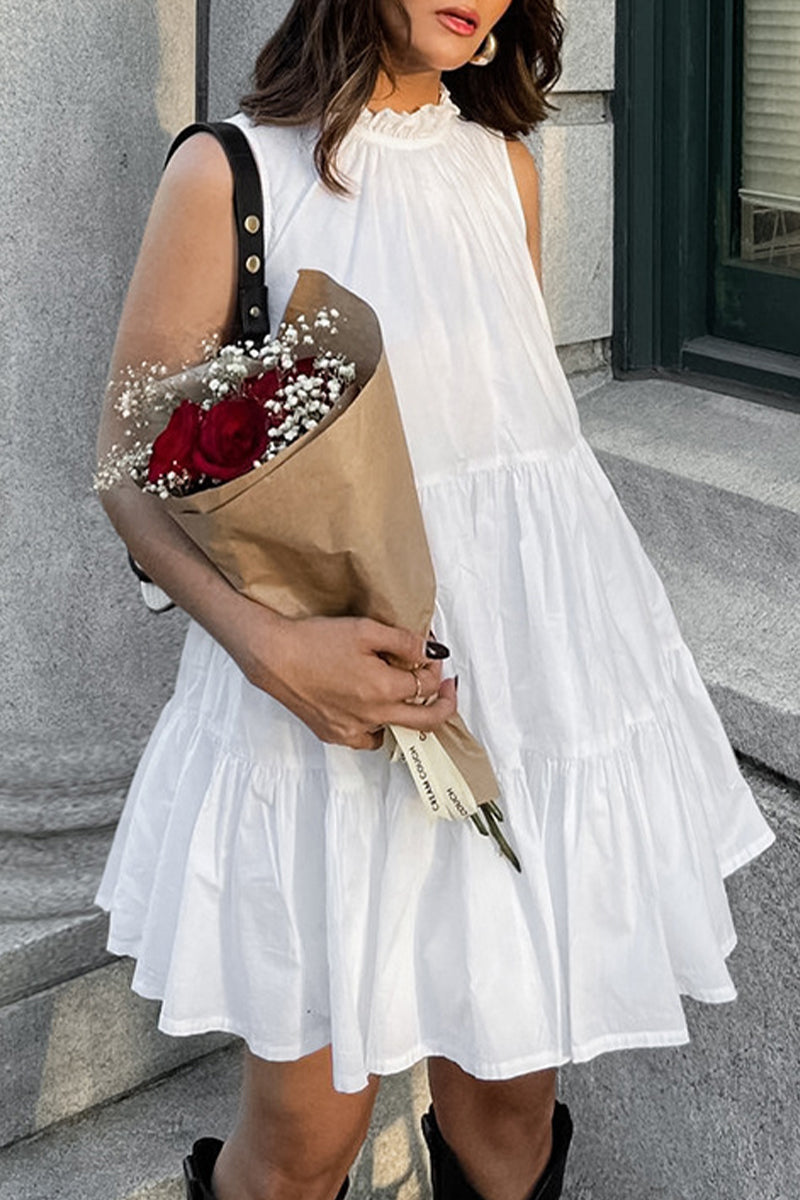 Lässige einfarbige Patchwork-Rüschen mit O-Ausschnitt und ärmellosen Kleidern