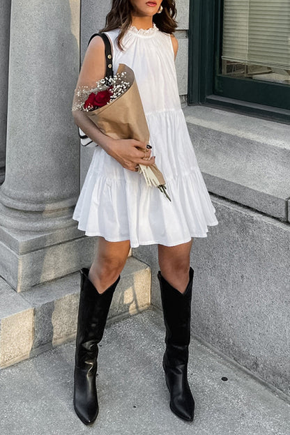 Lässige einfarbige Patchwork-Rüschen mit O-Ausschnitt und ärmellosen Kleidern