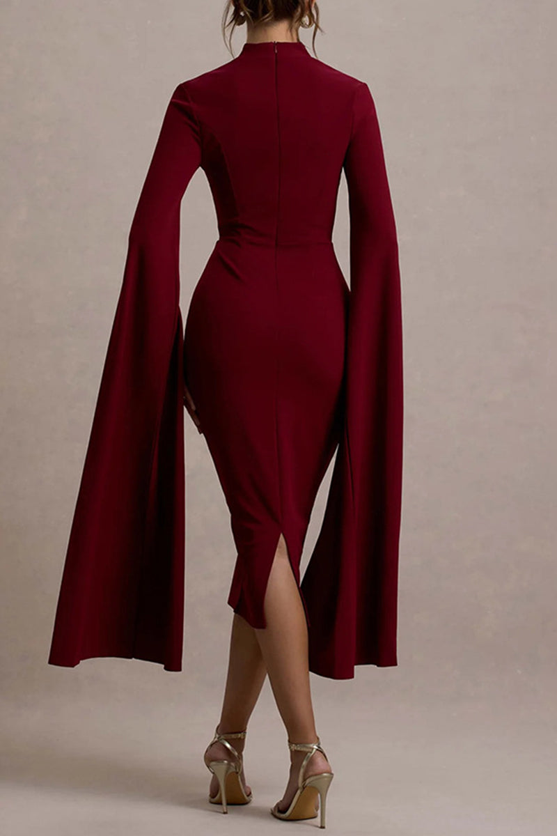 Sexy Elegant Solid Color Slit Zipper Half A Turtleneck Wrapped Skirt Dresses