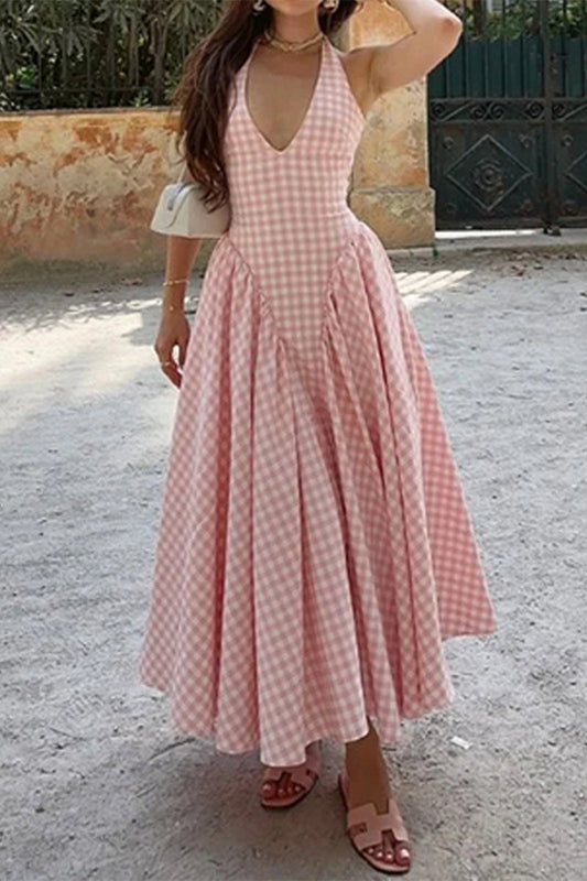 Sexy Plaid Lace Up Backless Contrast Halter Sleeveless Dresses