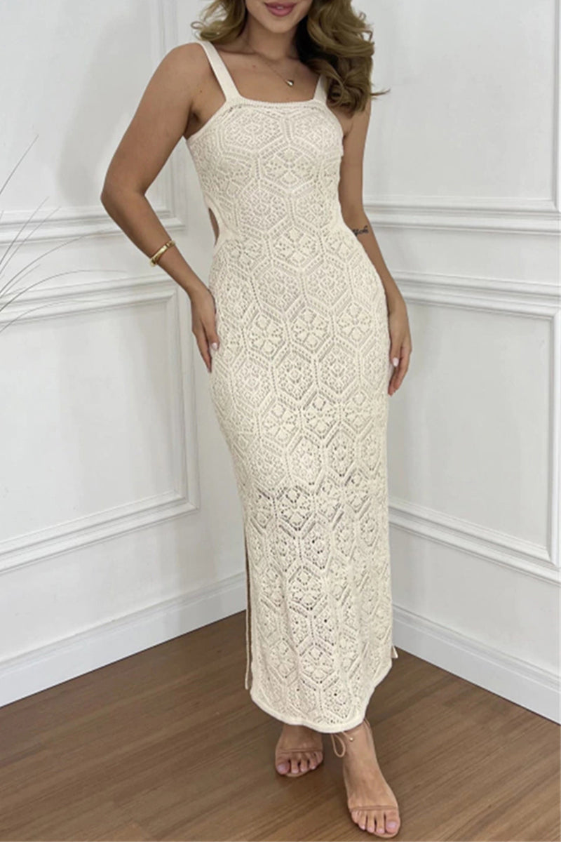 Sexy Kleider in Volltonfarbe mit ausgehöhltem Schlitz und quadratischem Ausschnitt und einem Schrittrock