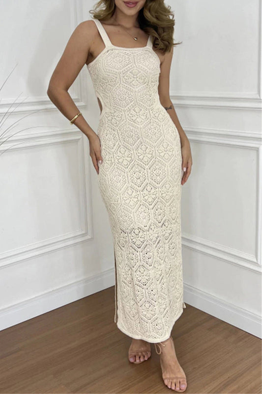 Sexy Solid Color Hollow Out Slit Square Neck One Step Skirt Dresses