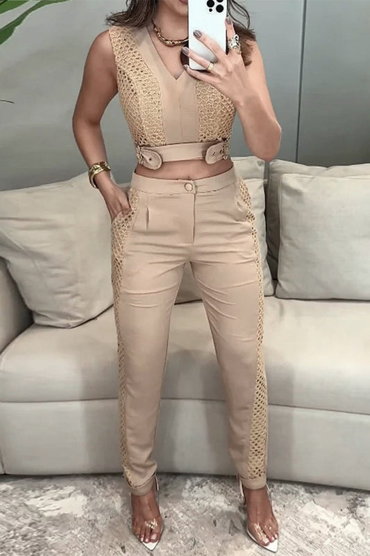 Casual Solid Color Pocket Buttons Mesh V Neck Sleeveless Two Pieces