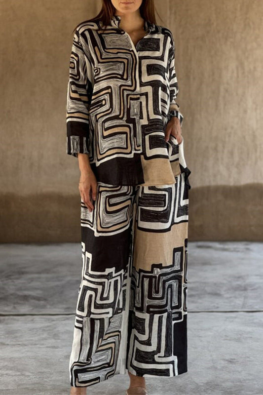 Casual Geometric Print Distressed Pocket Mandarin Collar Long Sleeve Two Pieces