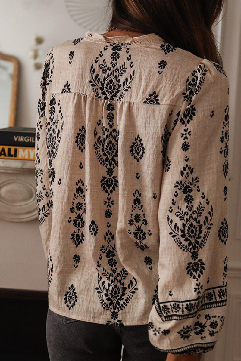 Celebrities Geometric Print Buttons Lotus Leaf Collar Tops