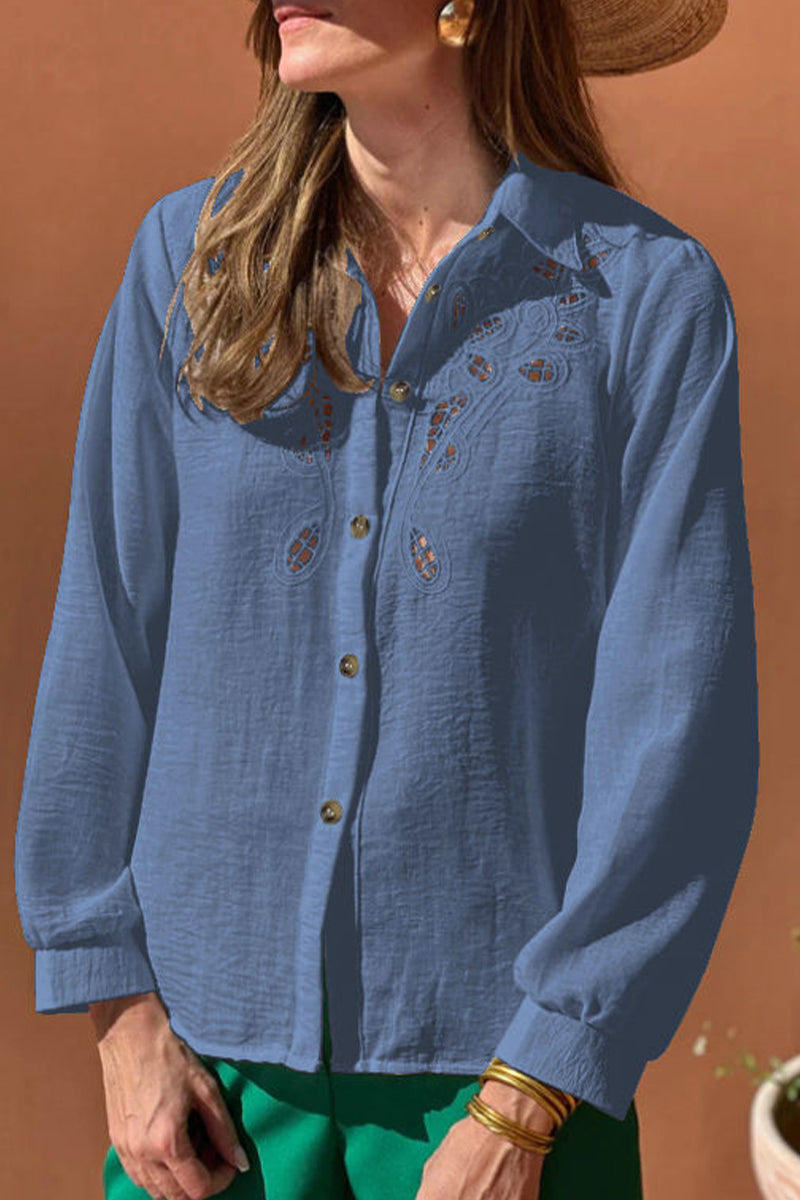 Casual Solid Color Hollow Out Turndown Collar Tops