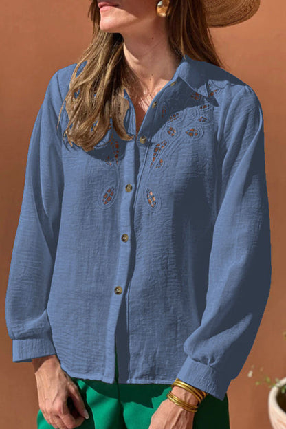 Casual Solid Color Hollow Out Turndown Collar Tops