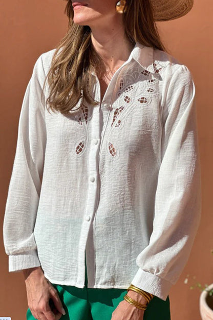 Casual Solid Color Hollow Out Turndown Collar Tops