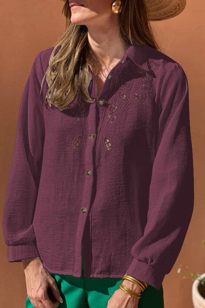 Casual Solid Color Hollow Out Turndown Collar Tops