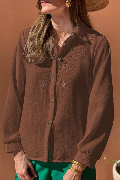 Casual Solid Color Hollow Out Turndown Collar Tops