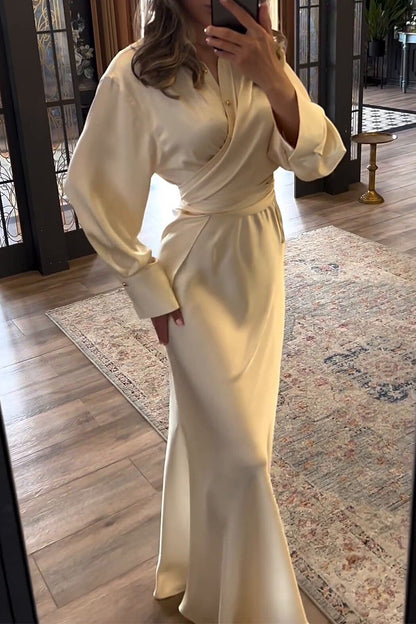 Elegant Solid Color Buttons Ruched Turndown Collar Long Sleeve Two Pieces