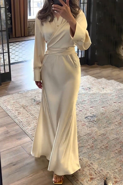 Elegant Solid Color Buttons Ruched Turndown Collar Long Sleeve Two Pieces