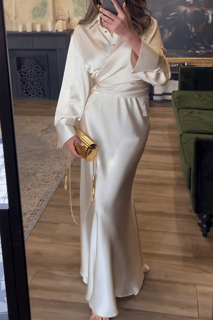 Elegant Solid Color Buttons Ruched Turndown Collar Long Sleeve Two Pieces